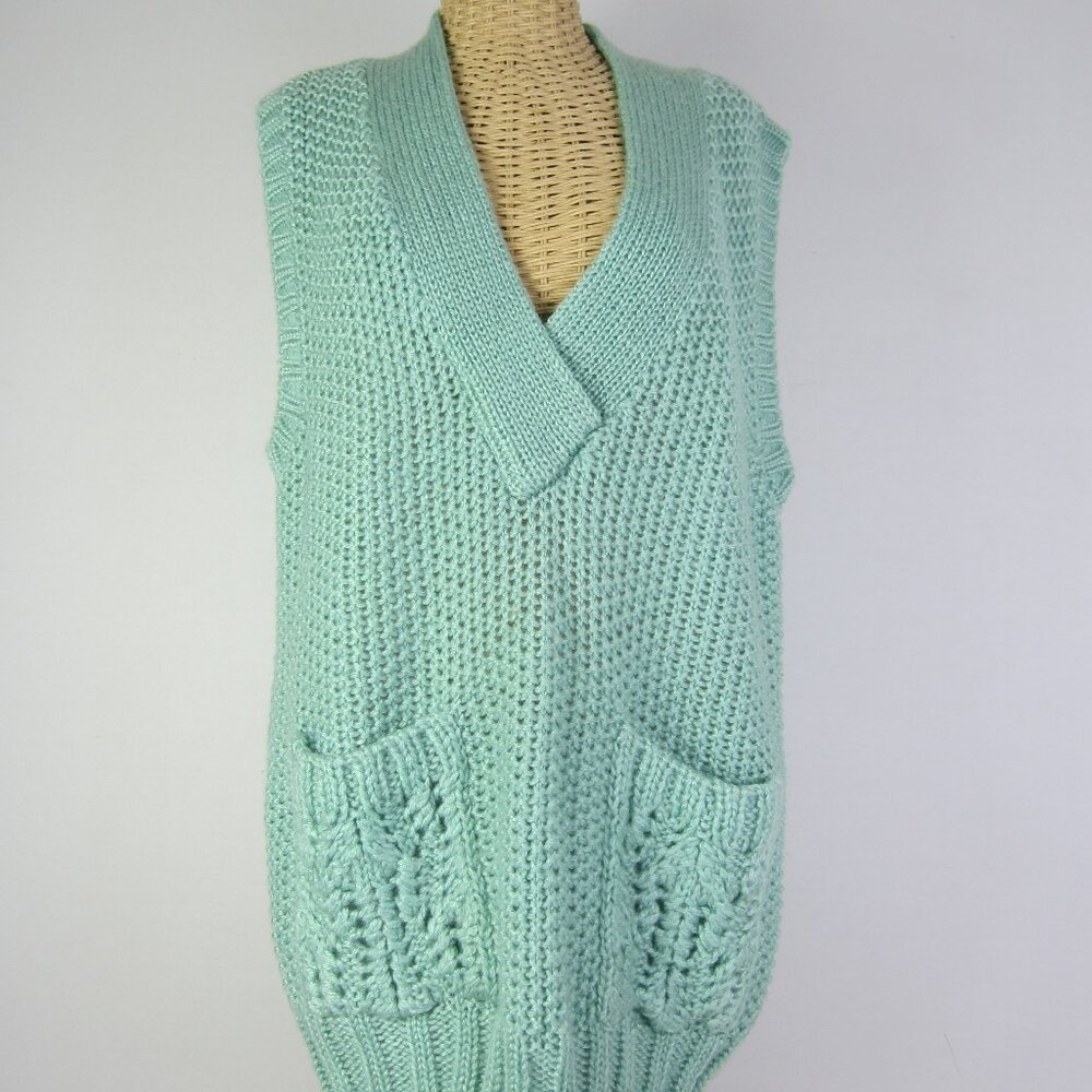 Vtg Jack Winter Women M Mint Green Oversized Sweater Vest V Neck Handknit Textur